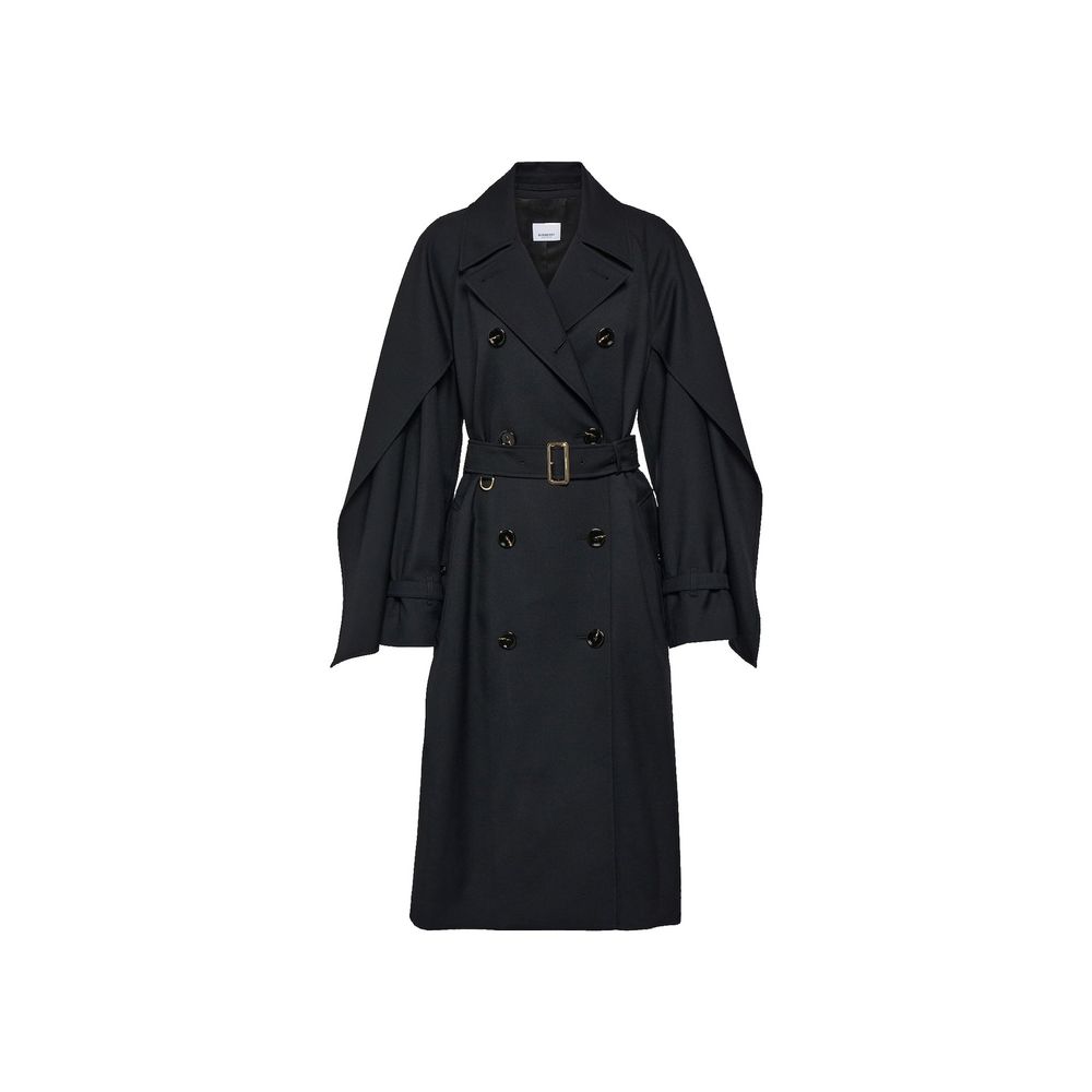 Manteau en polyester noir de Burberry, coupe élégante, avec détails classiques, porté par un mannequin.