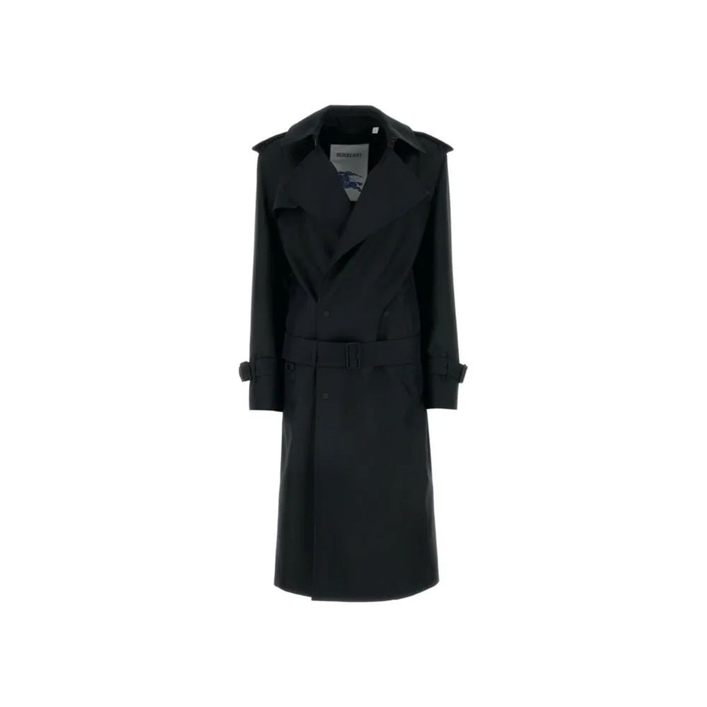Manteau en polyester noir Burberry, coupe élégante, avec logo discret et détails sophistiqués, porté en extérieur.