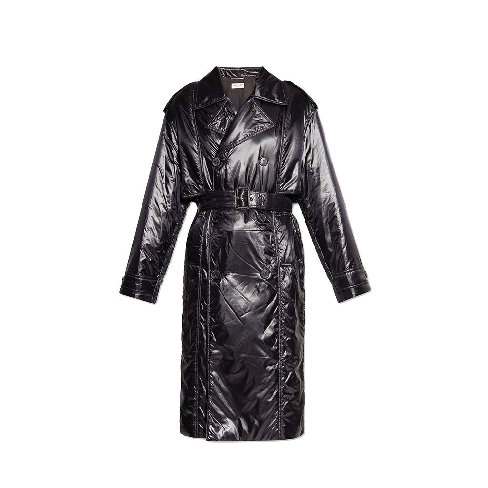 Manteau en polyamide noir de Saint Laurent, style élégant, avec détails modernes et coupe sophistiquée, visible sur l'image.