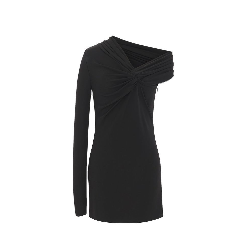 Robe de cocktail noire en viscose de la marque Saint Laurent, coupe élégante et moderne, portée avec des accessoires sophistiqués.