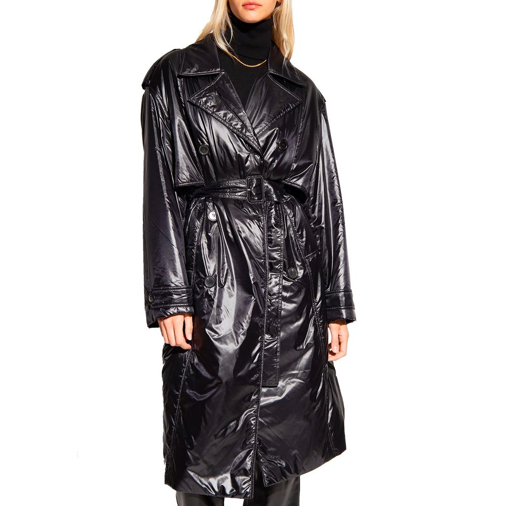 Manteau noir en polyamide de la marque Saint Laurent, coupe élégante et finition soignée, image montrant le tissu et la silhouette.