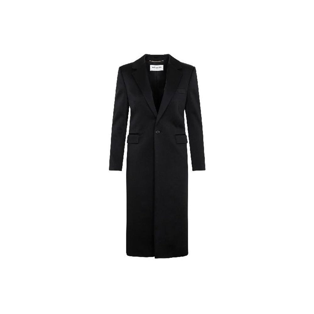 Manteau en acétate noir de Saint Laurent, élégant et sophistiqué, avec une coupe moderne et des détails raffinés.