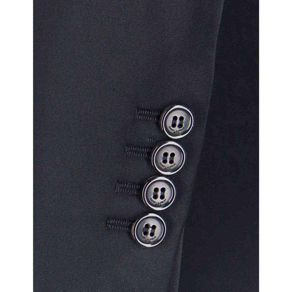 Manteau noir en acétate de Saint Laurent, coupe élégante et moderne, présenté sur un mannequin.