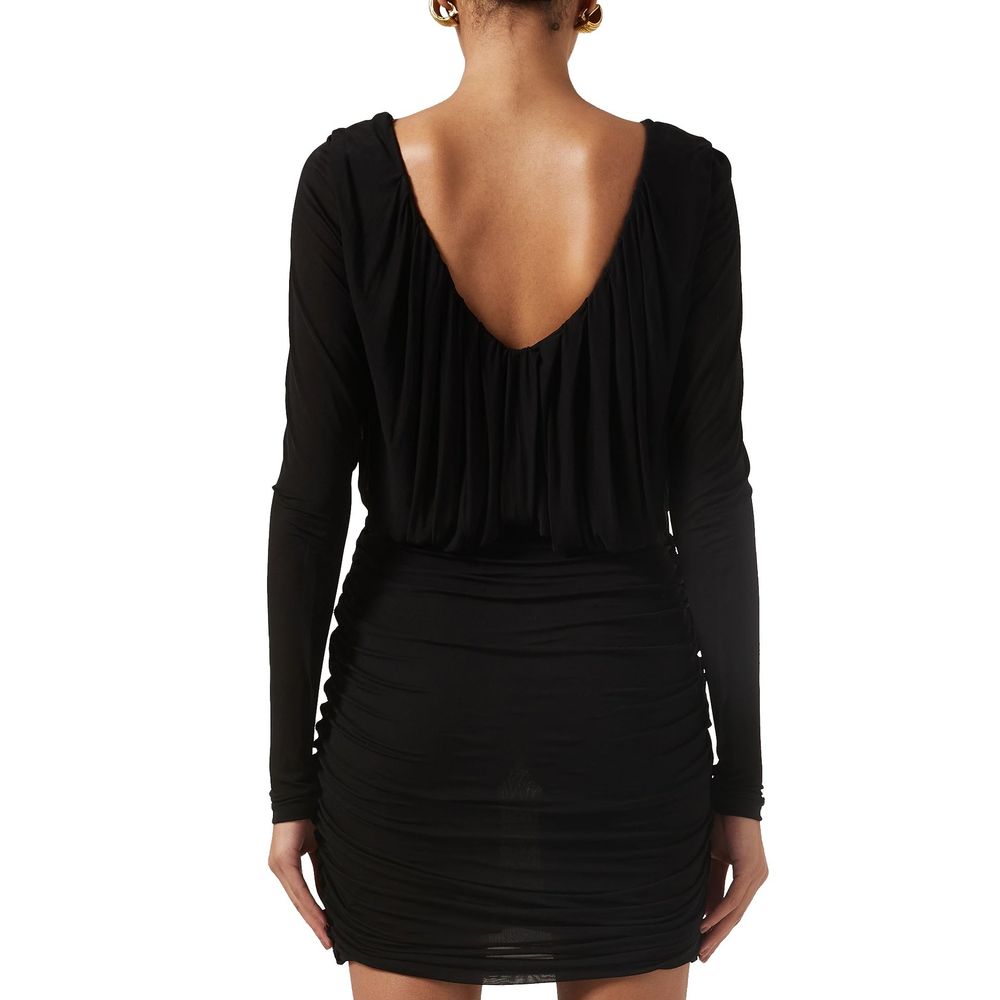 Robe de cocktail noire en viscose de Saint Laurent, coupe élégante et sophistiquée, avec détails modernes et finition raffinée.