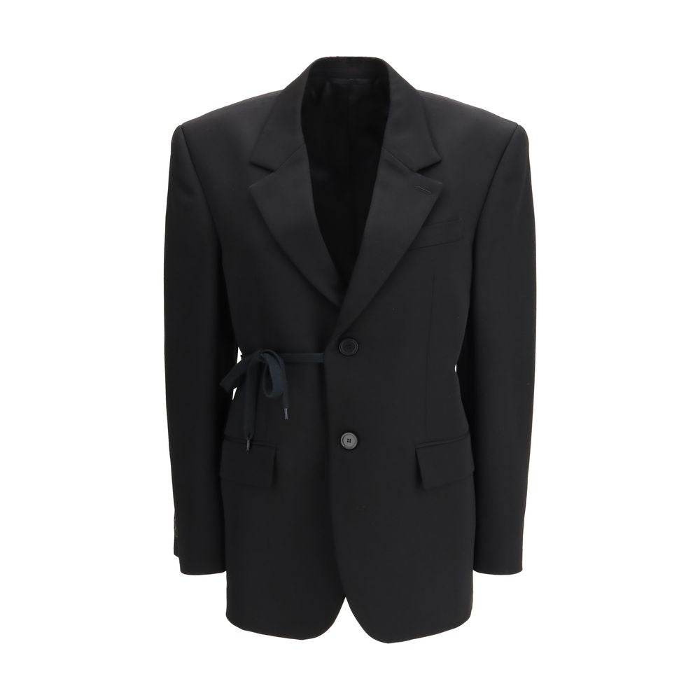 Veste en laine noire Balenciaga, style élégant avec col et boutons, vue de face sur fond neutre.