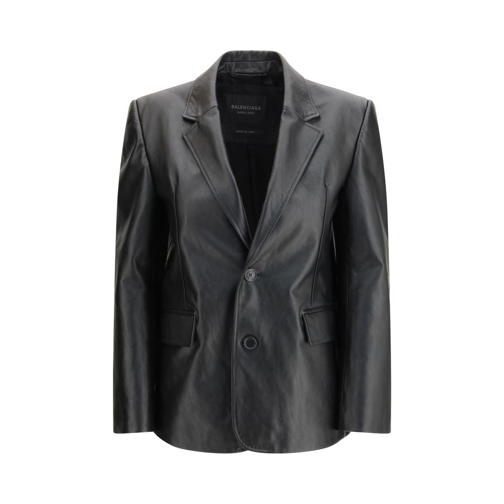 Veste en cuir de veau noir Balenciaga Bos Taurus, coupe élégante et détails sophistiqués, vue de face sur mannequin.