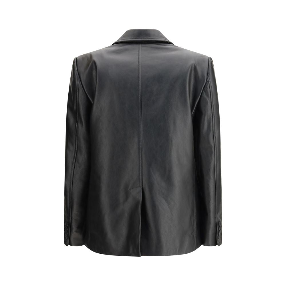 Veste en cuir noir Balenciaga Bos Taurus en cuir de veau, style élégant et moderne, vue de face sur un mannequin.