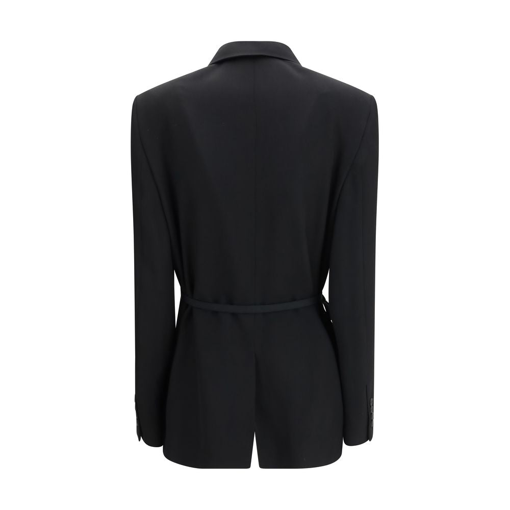 Manteau en laine noir Balenciaga, style élégant, visible avec col et boutons, porté sur un mannequin.