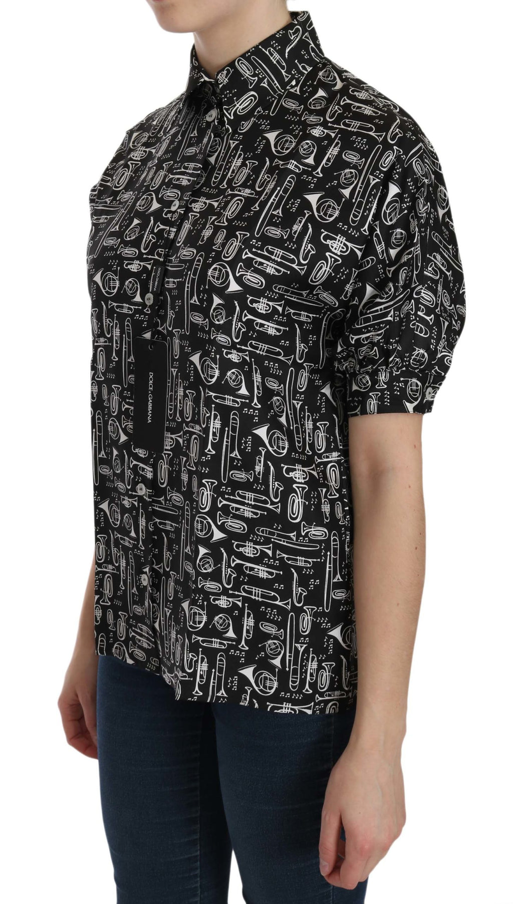 Dolce & Gabbana schwarze Bluse mit Kragen und Musikinstrumentenmotiv