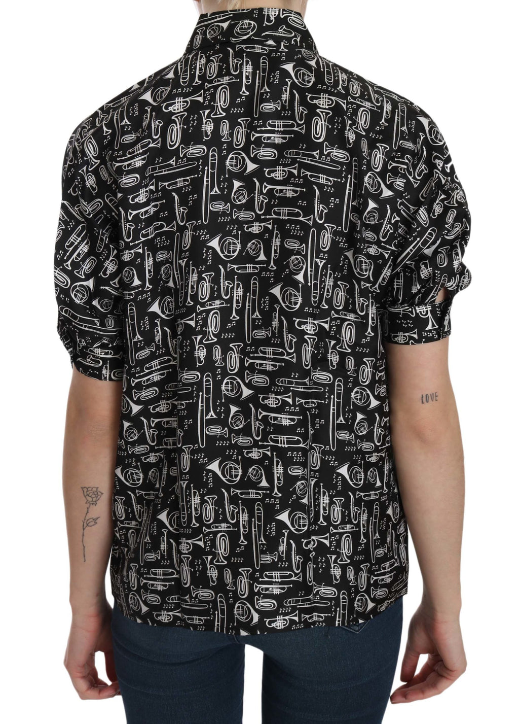 Dolce & Gabbana schwarze Bluse mit Kragen und Musikinstrumentenmotiv