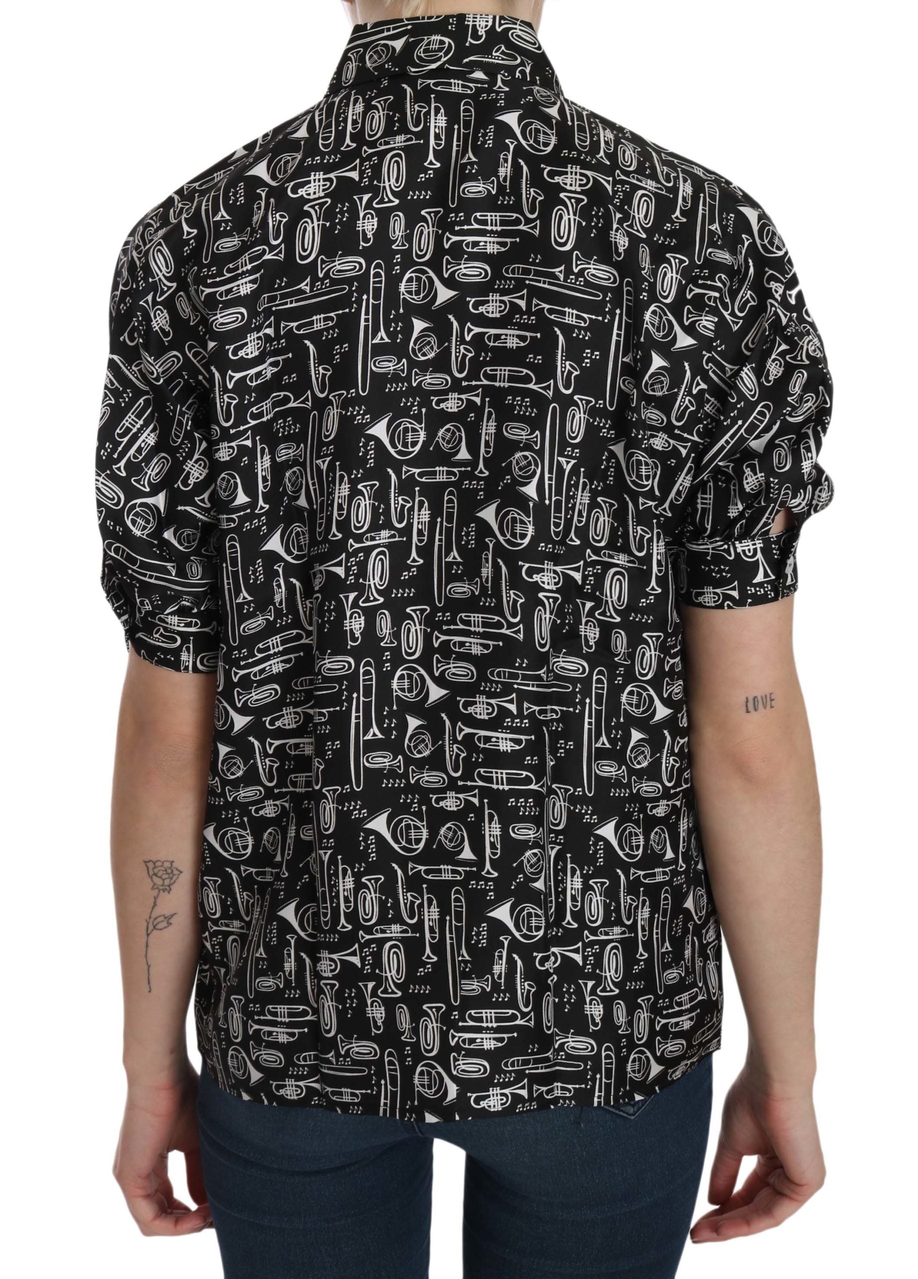 Dolce & Gabbana schwarze Bluse mit Kragen und Musikinstrumentenmotiv