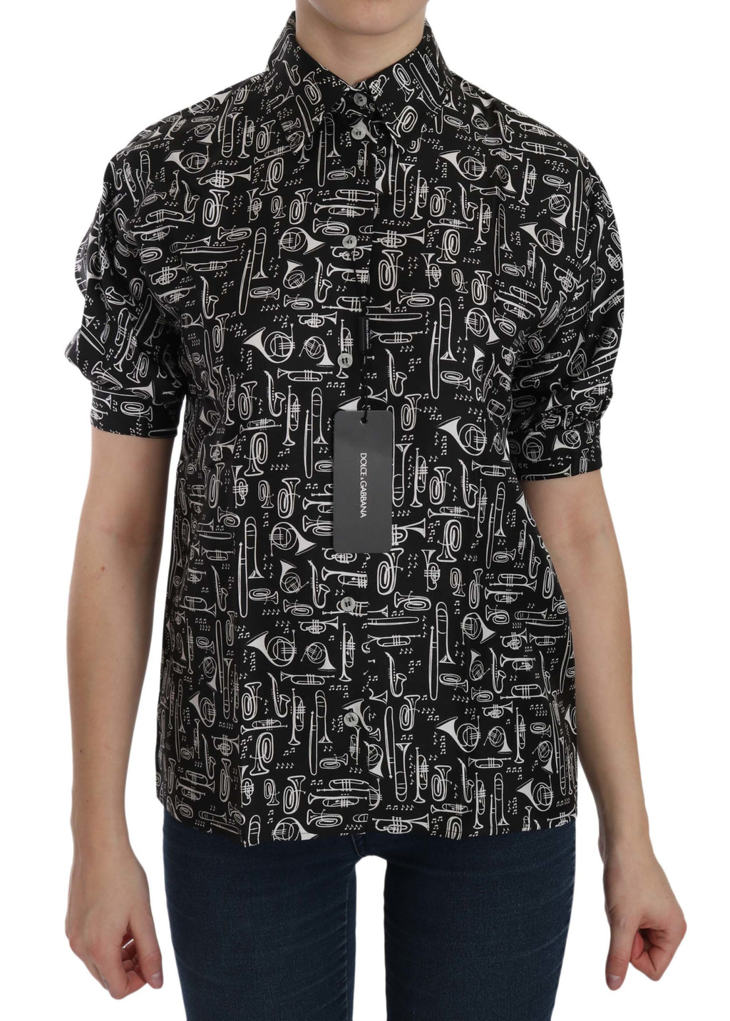 Dolce & Gabbana schwarze Bluse mit Kragen und Musikinstrumentenmotiv
