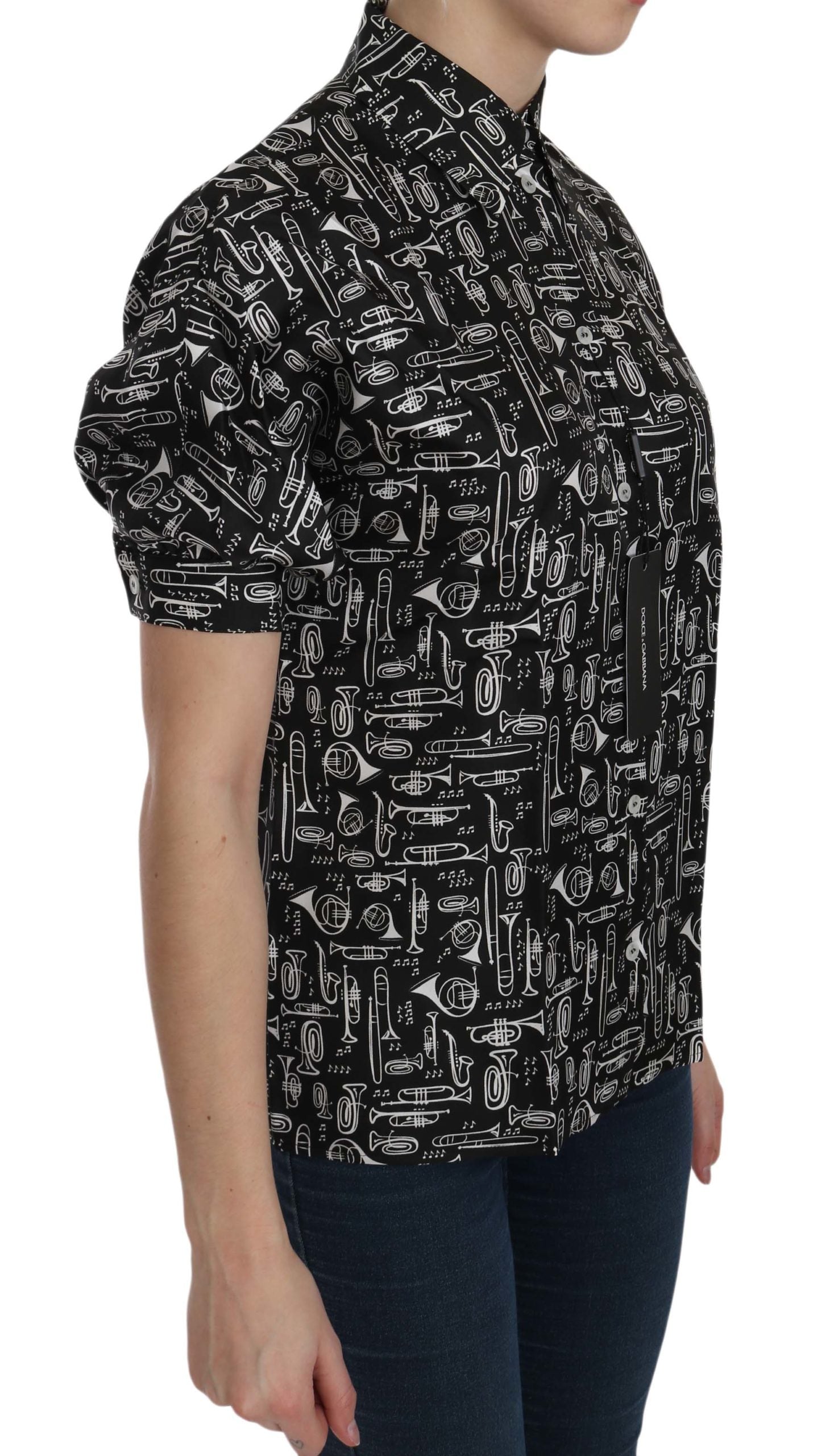 Dolce & Gabbana schwarze Bluse mit Kragen und Musikinstrumentenmotiv