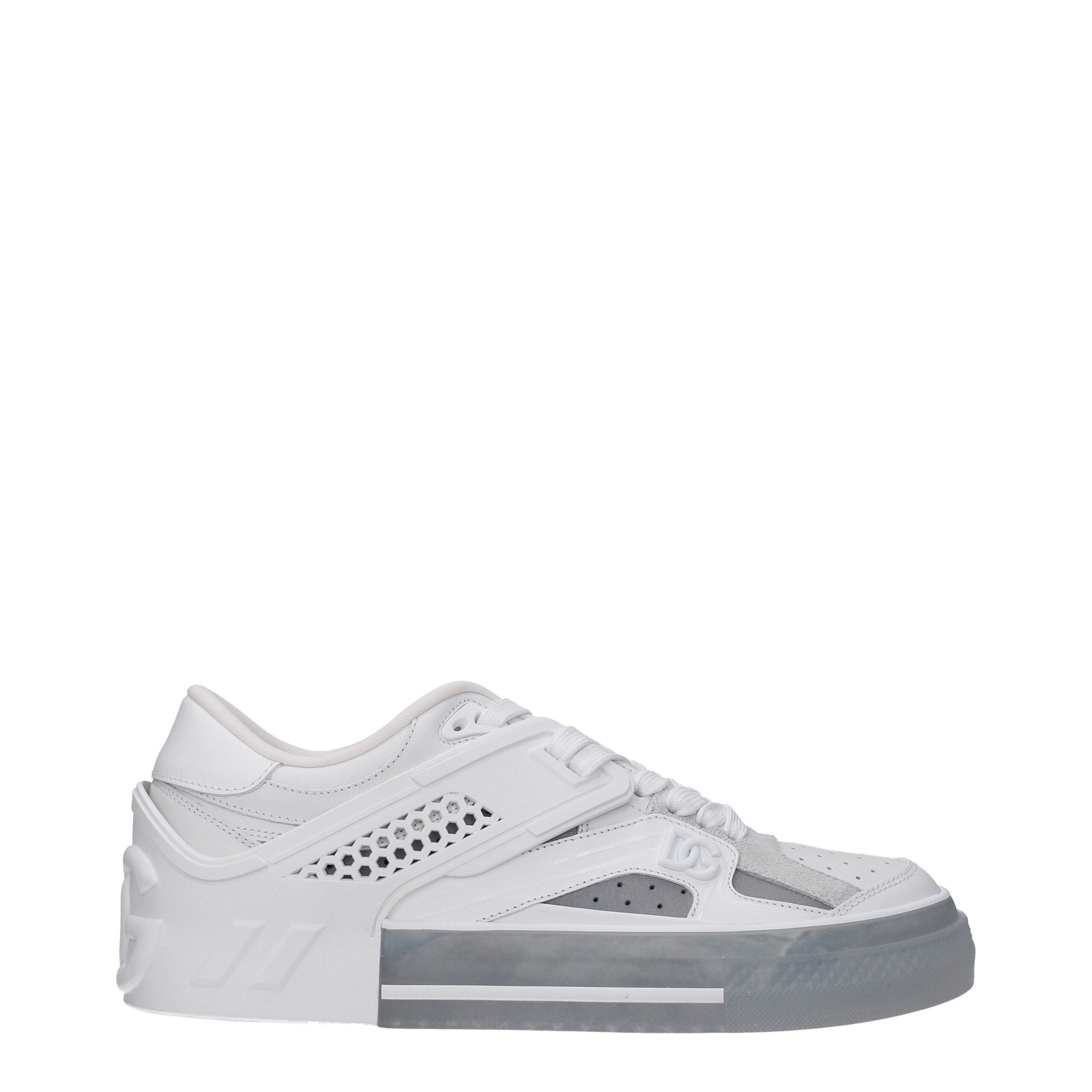 Chaussures basses en cuir blanc Dolce & Gabbana, baskets élégantes pour hommes, vue de face avec détails de la marque.