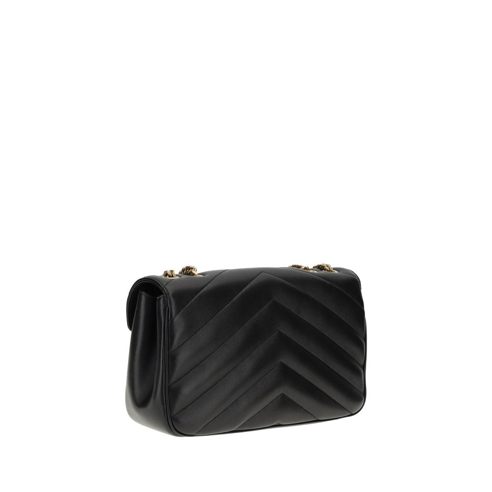 Sac à épaules Saint Laurent en agneau noir Ovis Aries, bandeau élégant et design sophistiqué, visible en premier plan.
