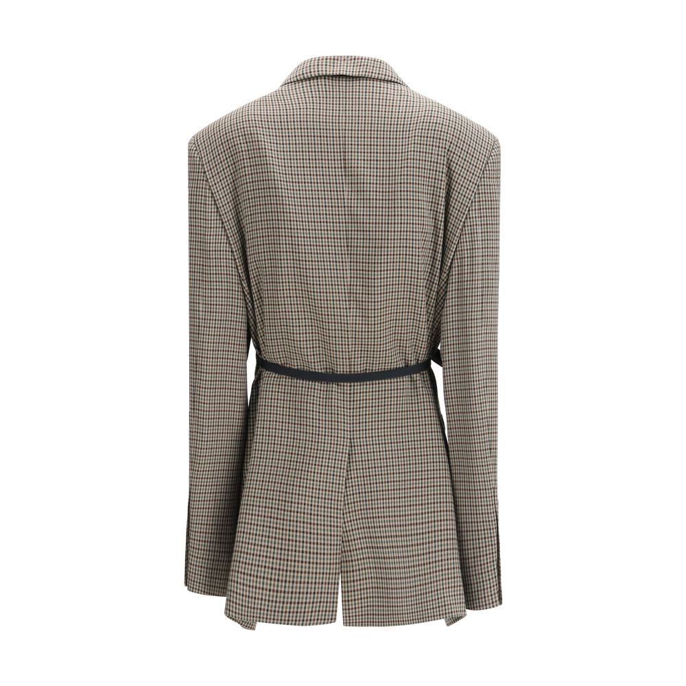 Manteau multicolore en lyocell de Balenciaga, coupe élégante avec motif vibrant, porté par un mannequin.