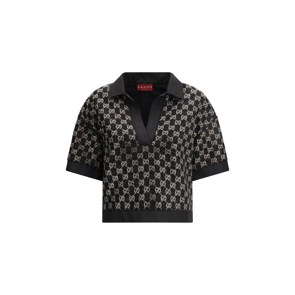 Chemise noire en viscose de Gucci, vue de face, avec col classique et manches longues.