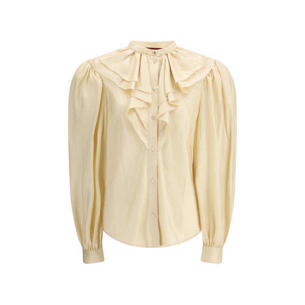 Chemise en soie beige Gucci avec col classique et manches longues, élégante et raffinée pour homme ou femme.