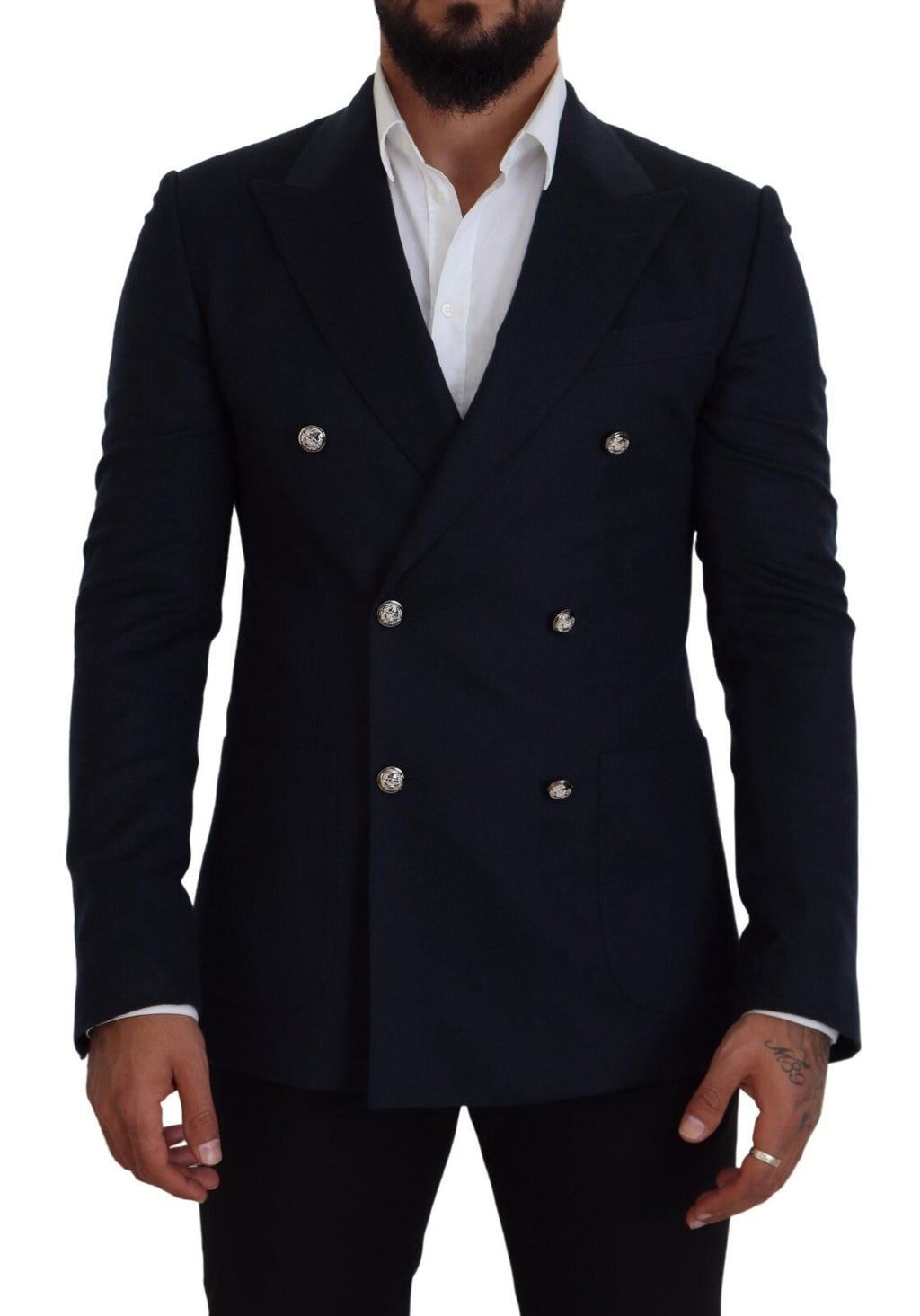 Manteau bleu formel à double boutonnage Dolce & Gabbana, blazer élégant en tissu sophistiqué, vue de face.
