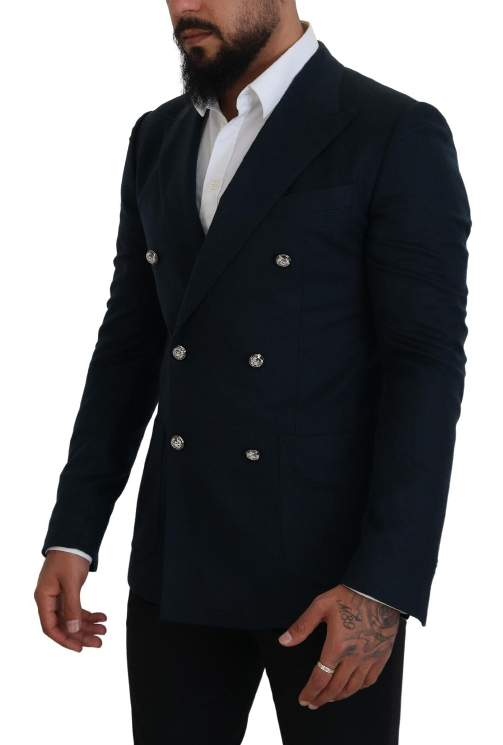 Manteau formel bleu à double boutonnage de Dolce & Gabbana, blazer élégant avec col revers et poches avant.