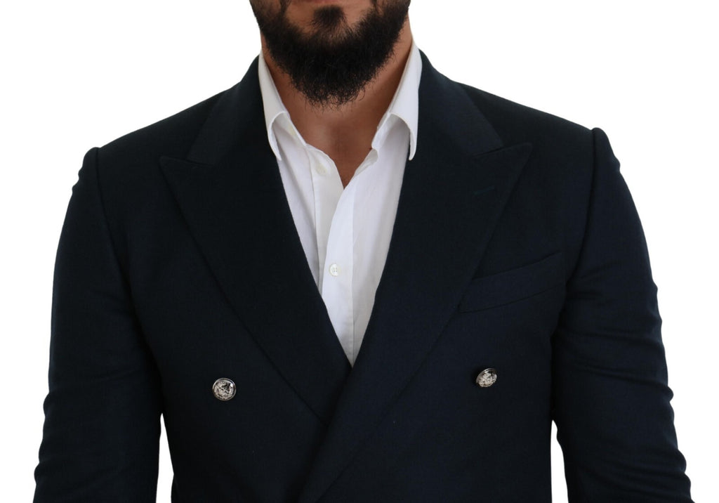 Manteau formel bleu Dolce & Gabbana à double boutonnage, élégant blazer pour homme, en tissu sophistiqué.