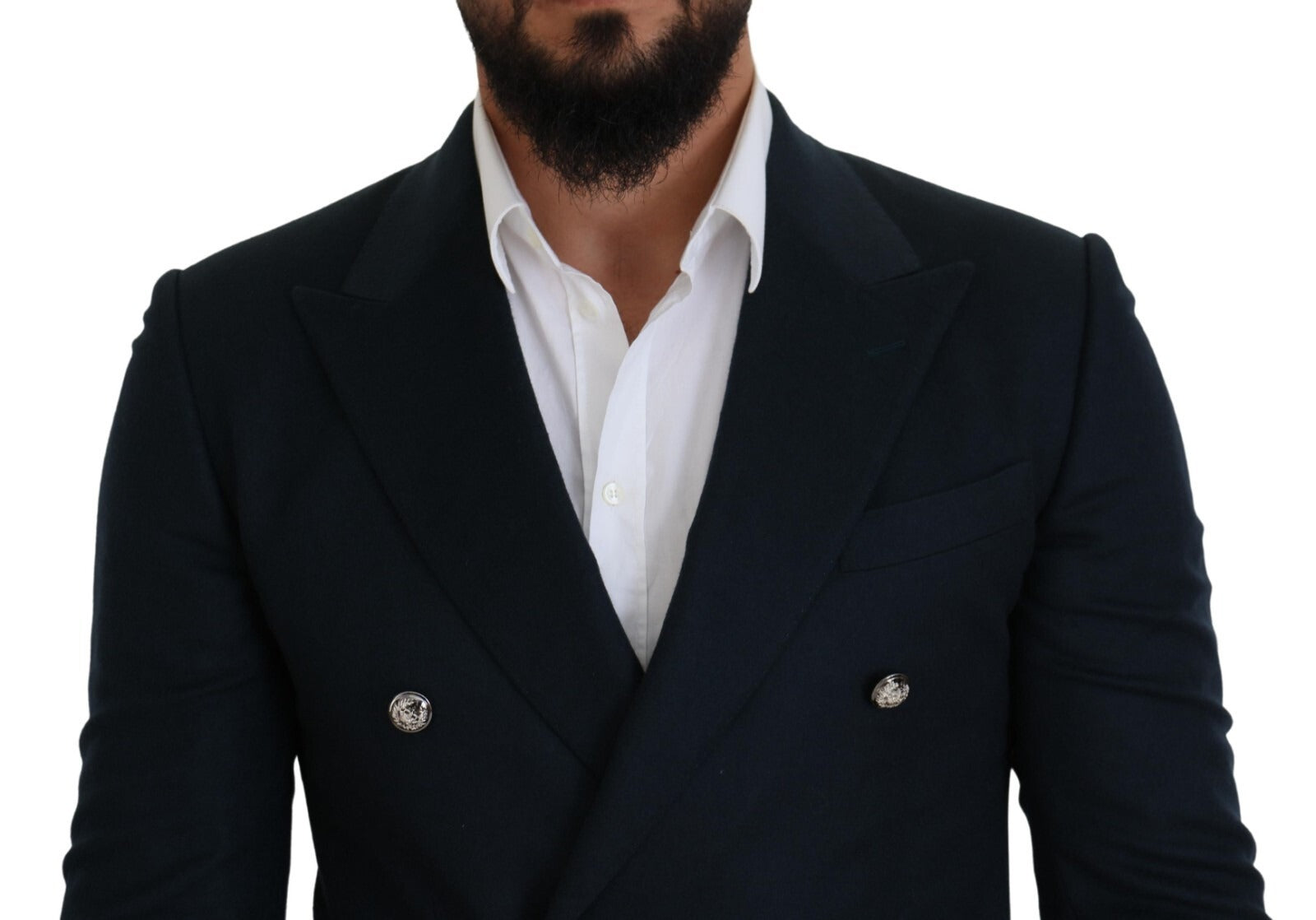 Manteau formel bleu Dolce & Gabbana à double boutonnage, élégant blazer pour homme, en tissu sophistiqué.