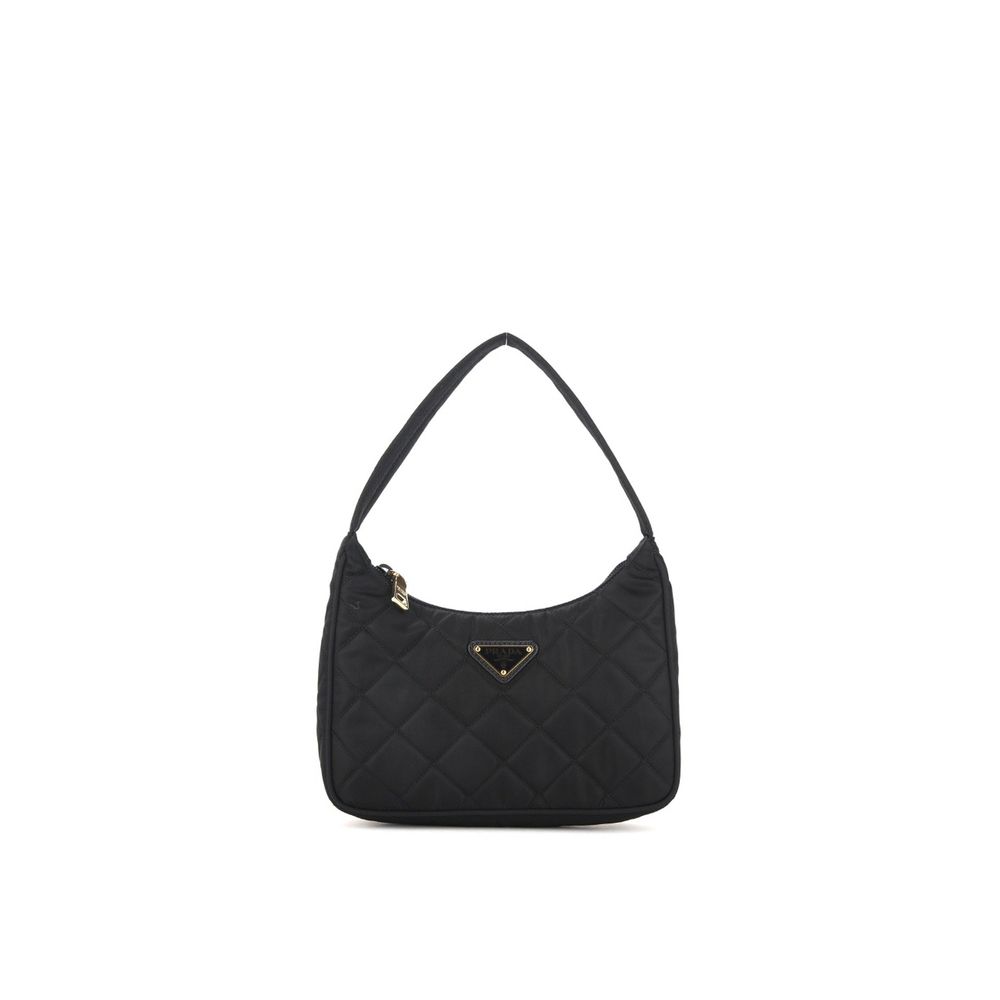 Sac à bandoulière en nylon noir Prada, vue de face, avec logo Prada visible, style élégant et pratique.