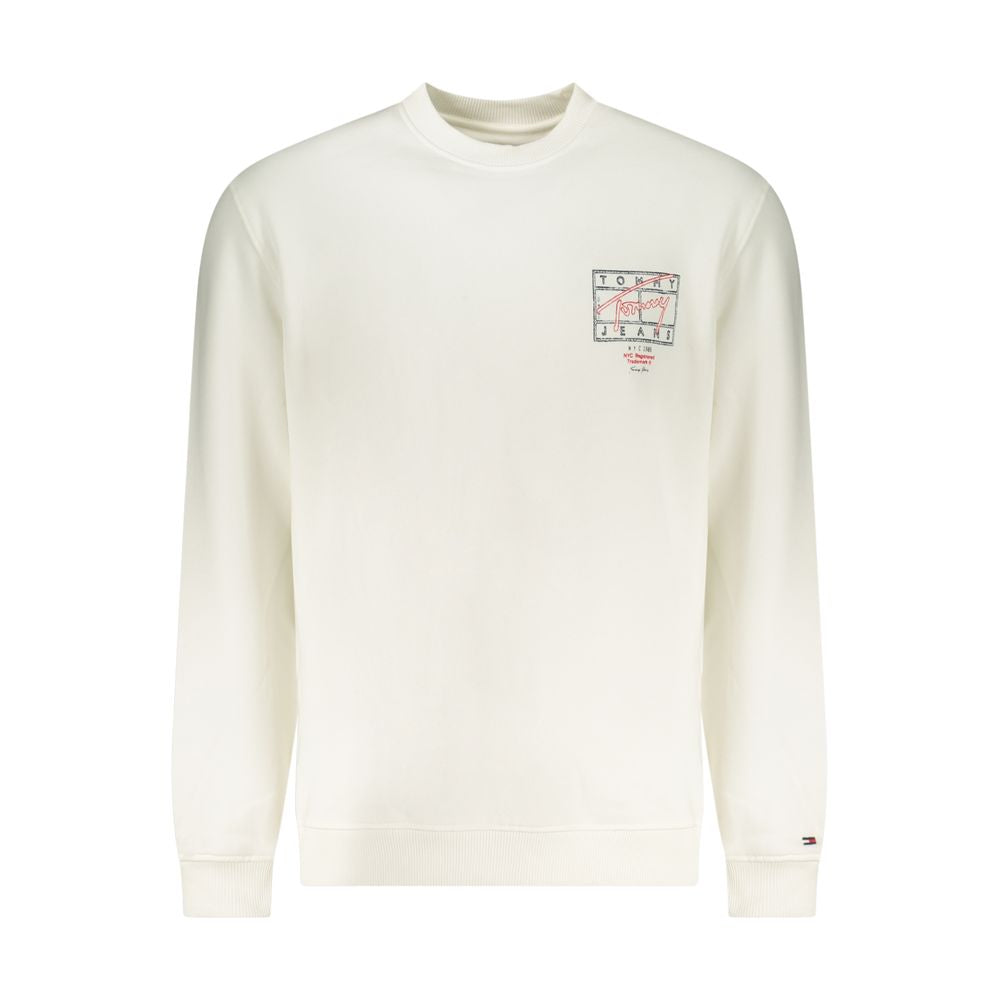 Sweatshirt blanc en coton pour homme de la marque Tommy Hilfiger, avec logo sur la poitrine, porté dans un style décontracté.
