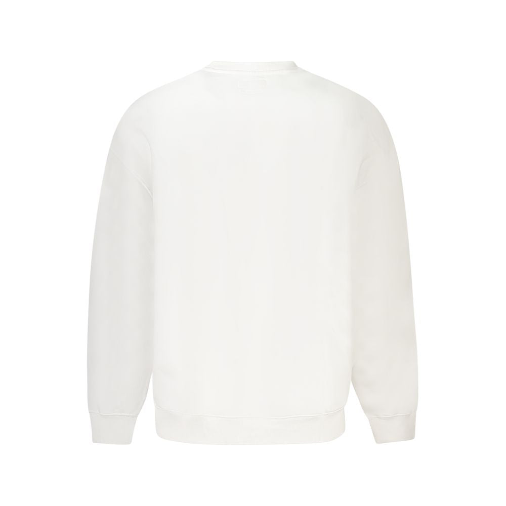 Pull homme Guess Jeans blanc en coton, sweat-shirt décontracté avec col rond et manches longues, visible en gros plan.