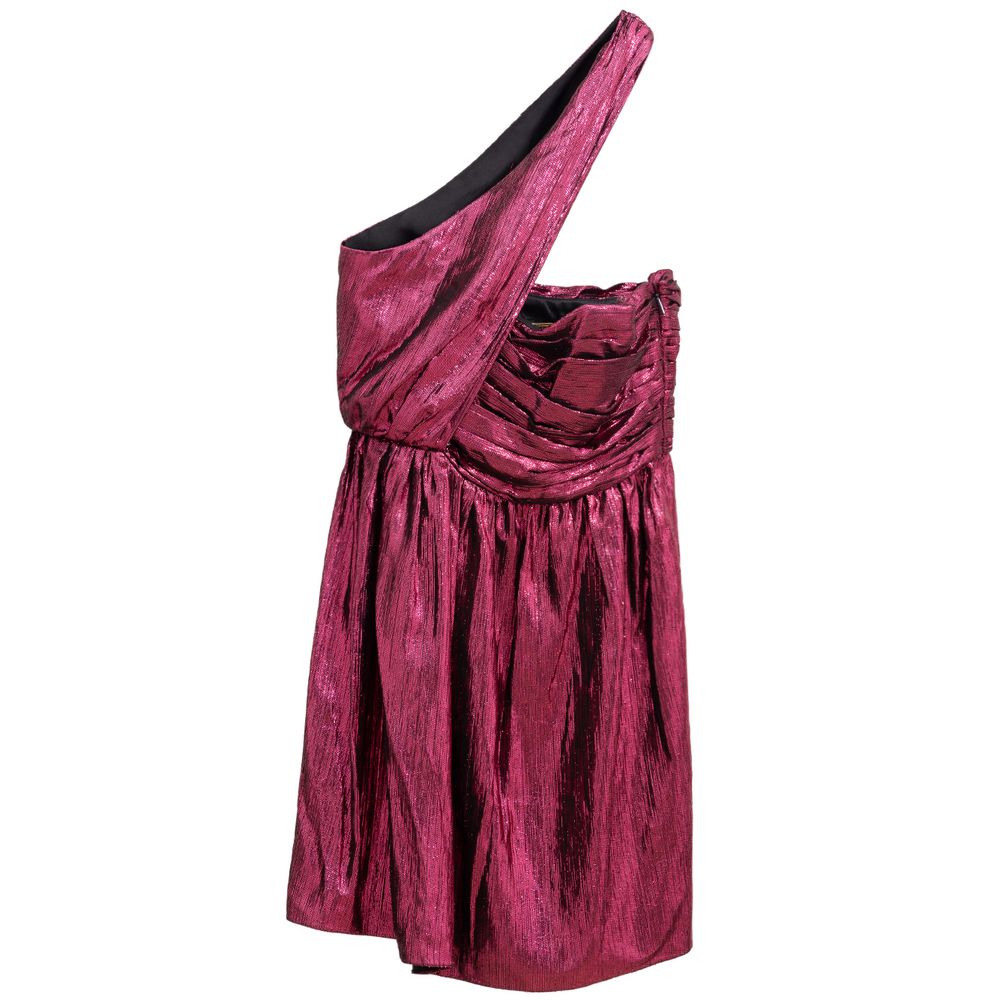 Robe courte en viscose fuchsia de Saint Laurent, coupe élégante avec détails modernes, portée sur un mannequin.