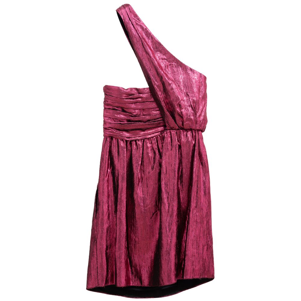 Robe courte en viscose fuchsia de Saint Laurent, avec coupe élégante et finition raffinée, portée sur mannequin.