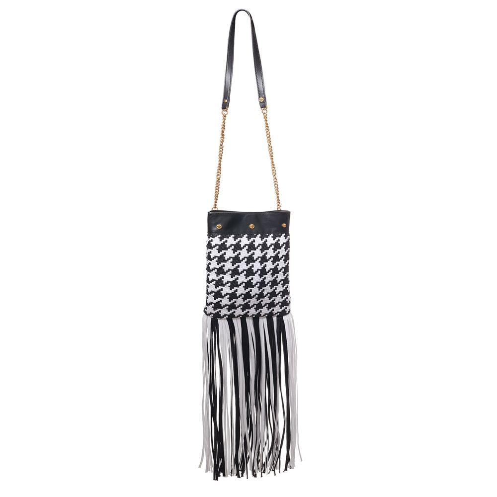 Sac à bandoulière Versace noir et blanc en cuir et textile, design élégant avec logo distinctif, visible dans l'image.