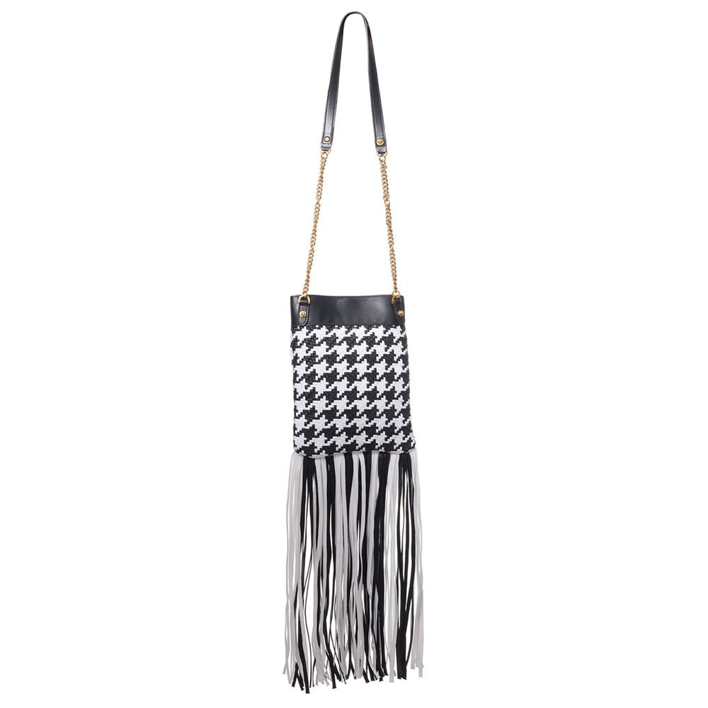 Sac à bandoulière en cuir et textile noir et blanc de Versace, avec logo emblématique et design élégant.