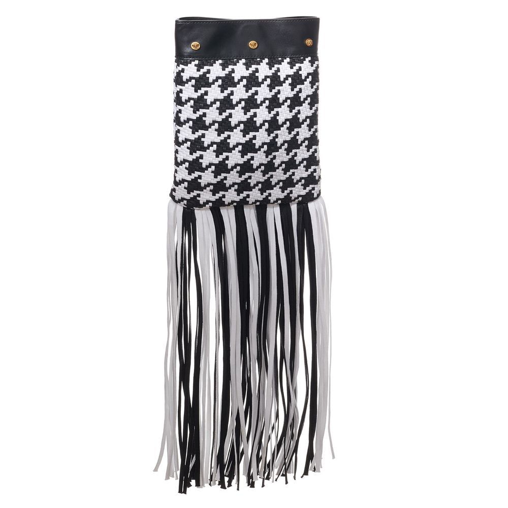 Sac à main à bandoulière Versace en cuir noir et blanc avec textile, design élégant et sophistiqué.