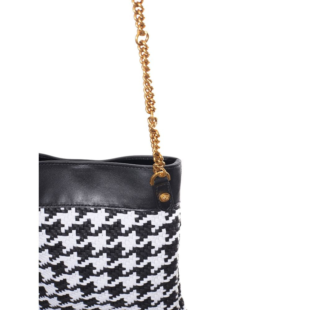 Sac à bandoulière en cuir et textile noir et blanc de Versace, style élégant avec logo distinctif visible.