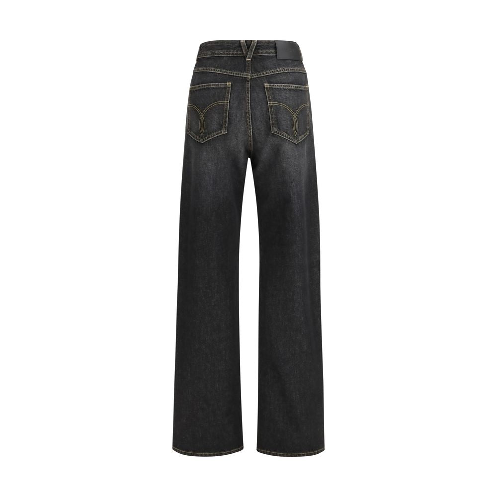 Jeans droits en coton noir de Versace, pantalon décontracté avec coupe droite, détails élégants et logo emblématique.