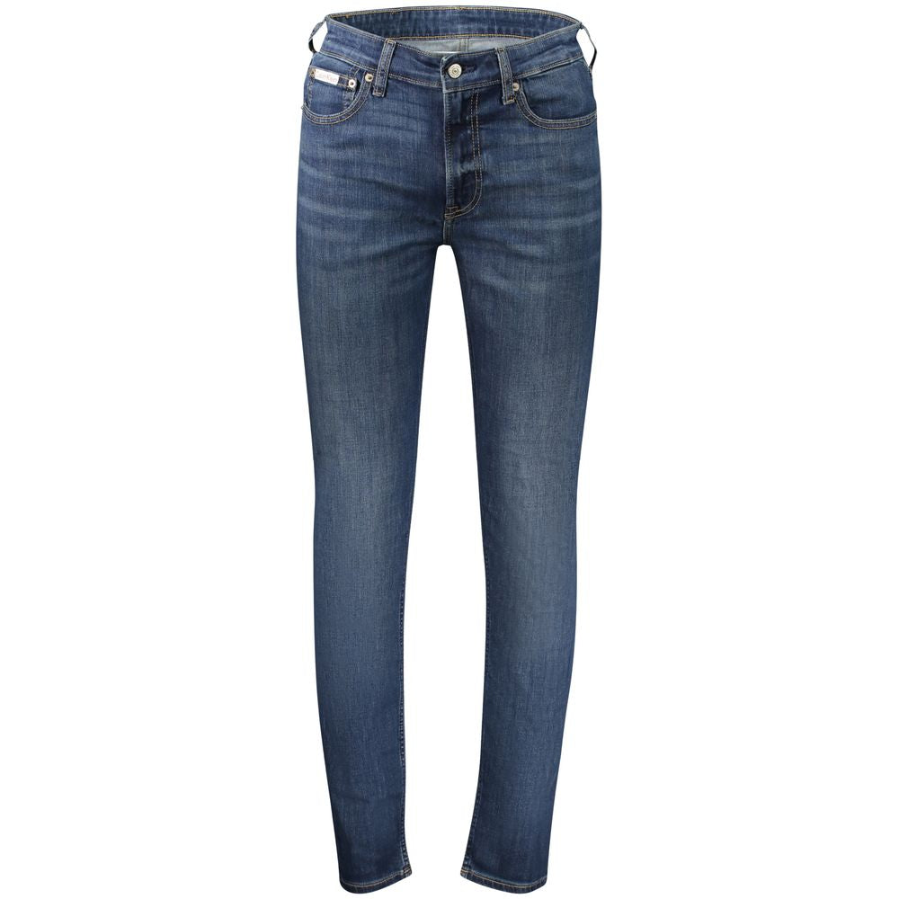 Jeans pour hommes Calvin Klein Blu Cotton, coupe classique, denim bleu, détails de couture et braguette à fermeture éclair.