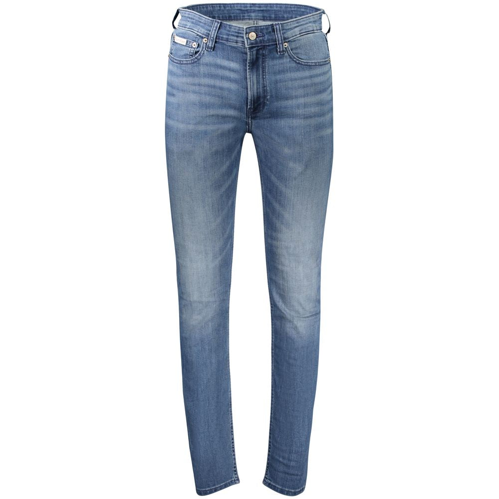 Jean slim-taper Calvin Klein Blu Cotton pour homme, coupe ajustée et tissu en coton bleu, visible sur l'image.