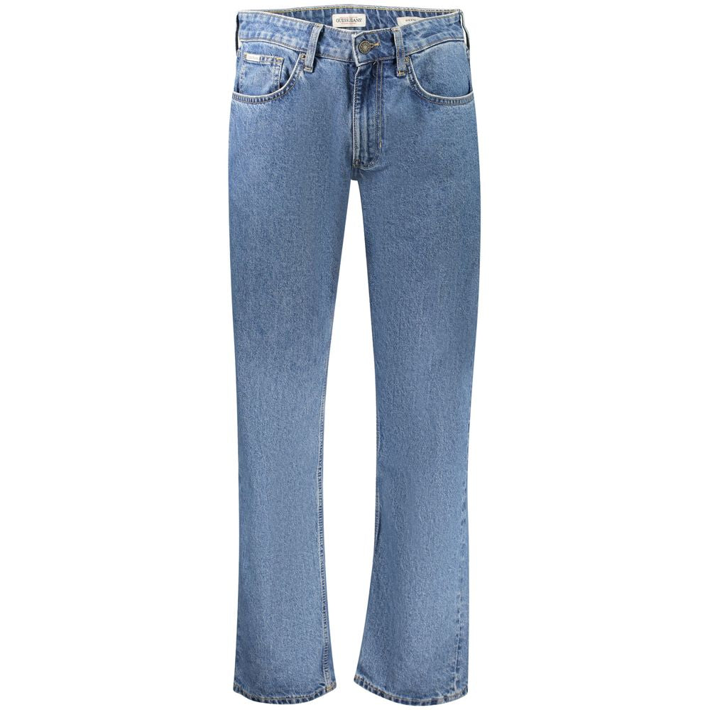 Jeans homme Guess Jeans en coton bleu, coupe classique, avec ceinture et poches visibles.
