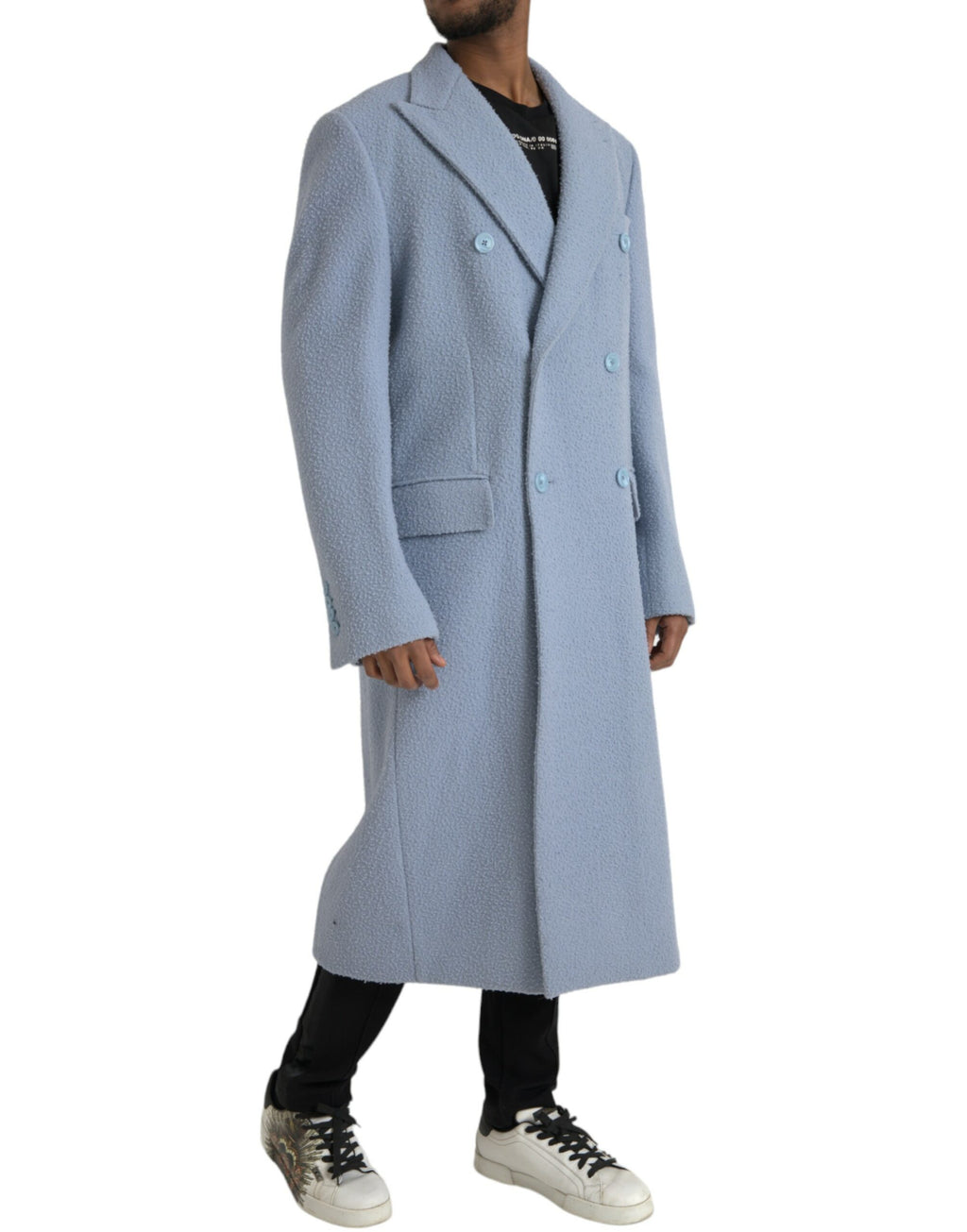Manteau trench en cachemire bleu Dolce & Gabbana, élégant et chaud, avec détails sophistiqués et coupe classique.