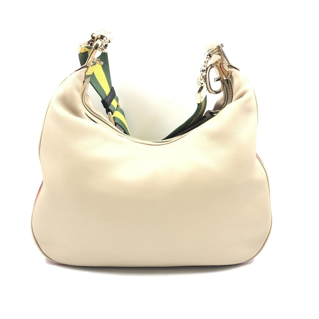 Sac à bandoulière Gucci Aria en cuir de veau beige avec bande Web large, élégant et sophistiqué.