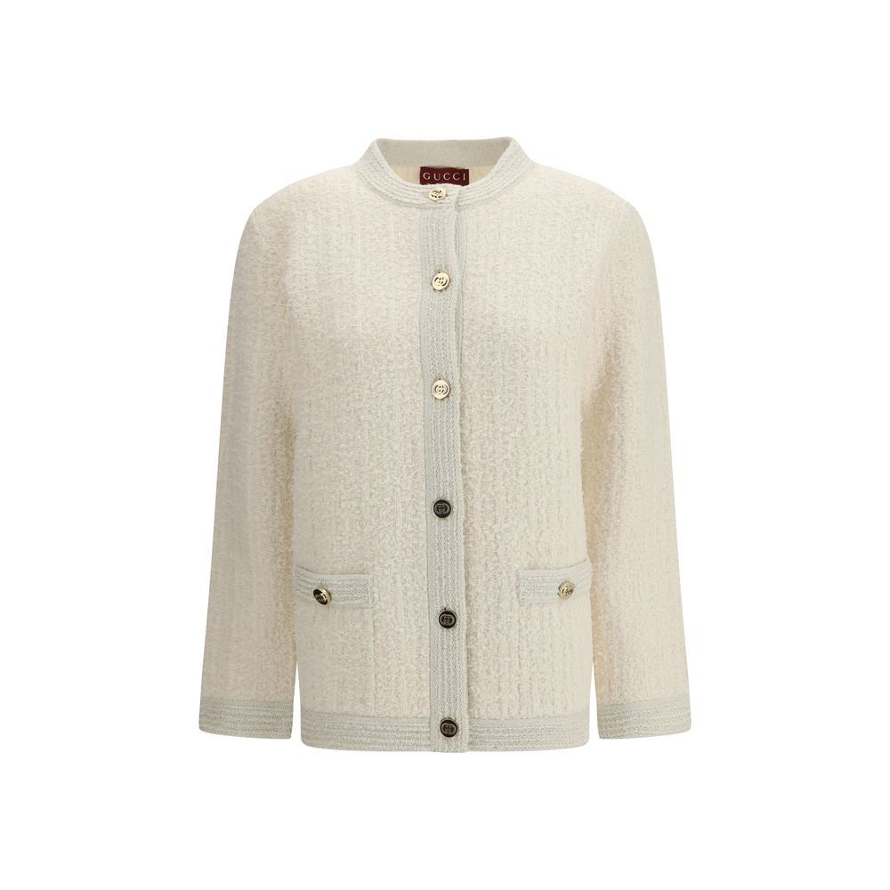 Cardigan en laine beige Gucci, vêtement élégant pour homme ou femme, avec détails de qualité visible sur l'image.