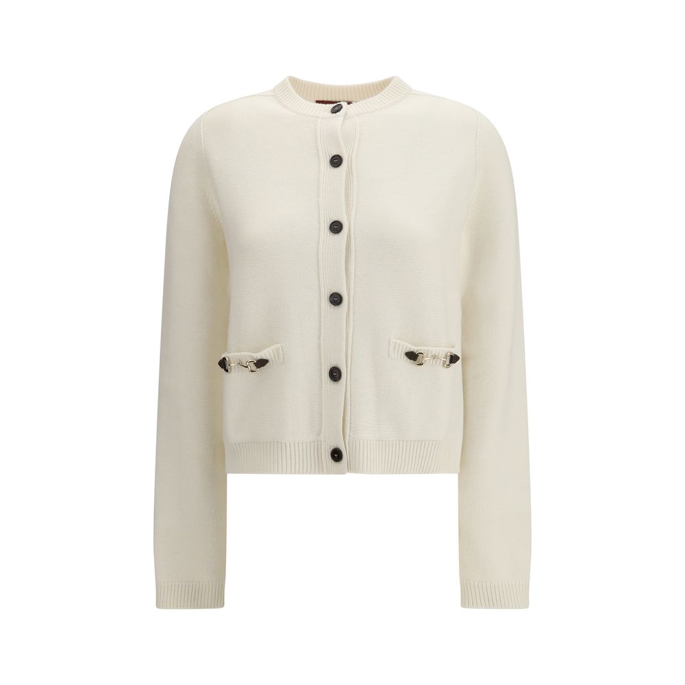Cardigan en laine beige Gucci pour femme, avec détails élégants et coupe classique.