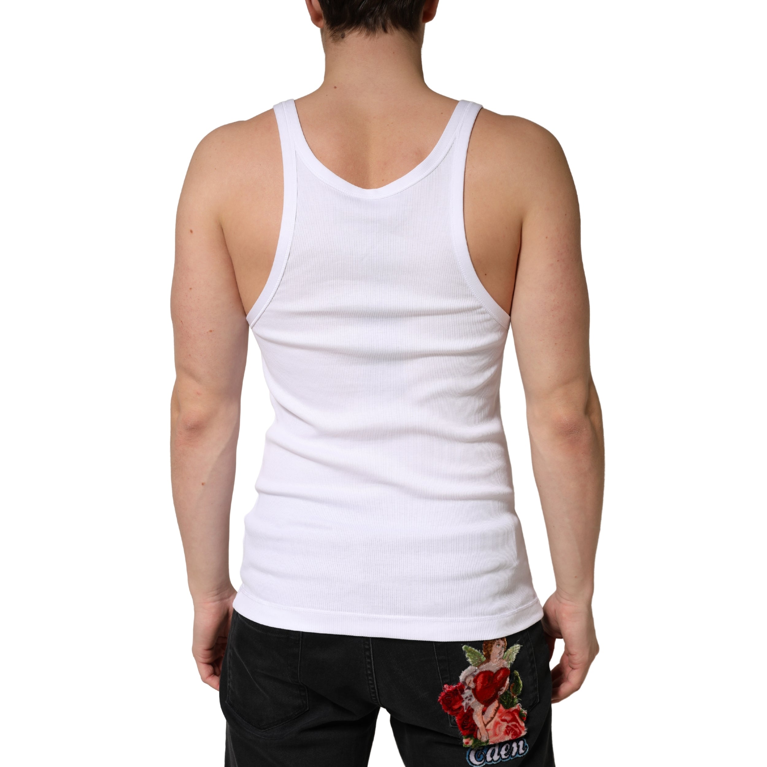Débardeur blanc en coton côtelé sans manches de Dolce & Gabbana, t-shirt léger et ajusté, visible avec col rond et texture côtelée.