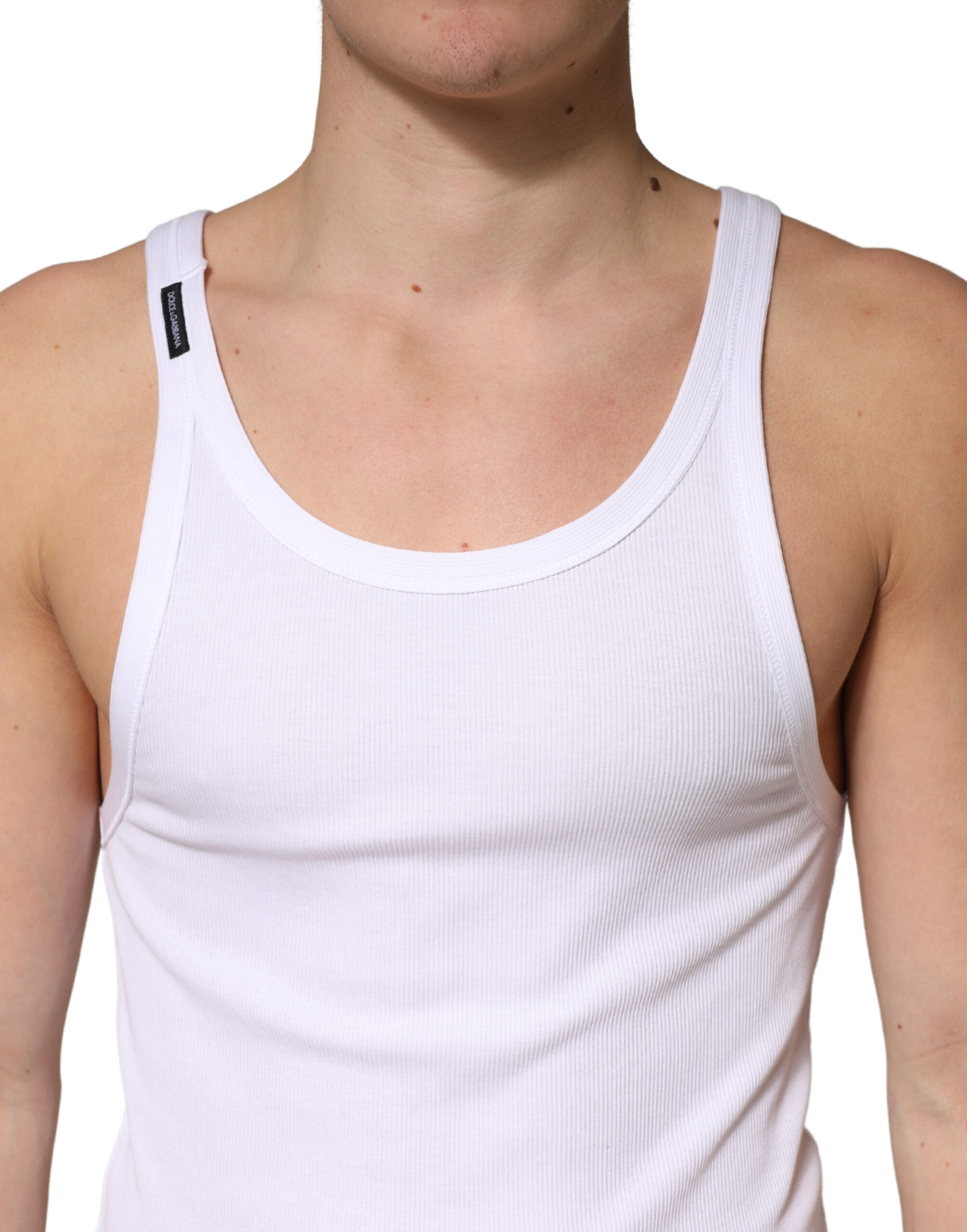 T-shirt sans manches en coton blanc à rayures côtelées de Dolce & Gabbana, vêtement décontracté pour homme.