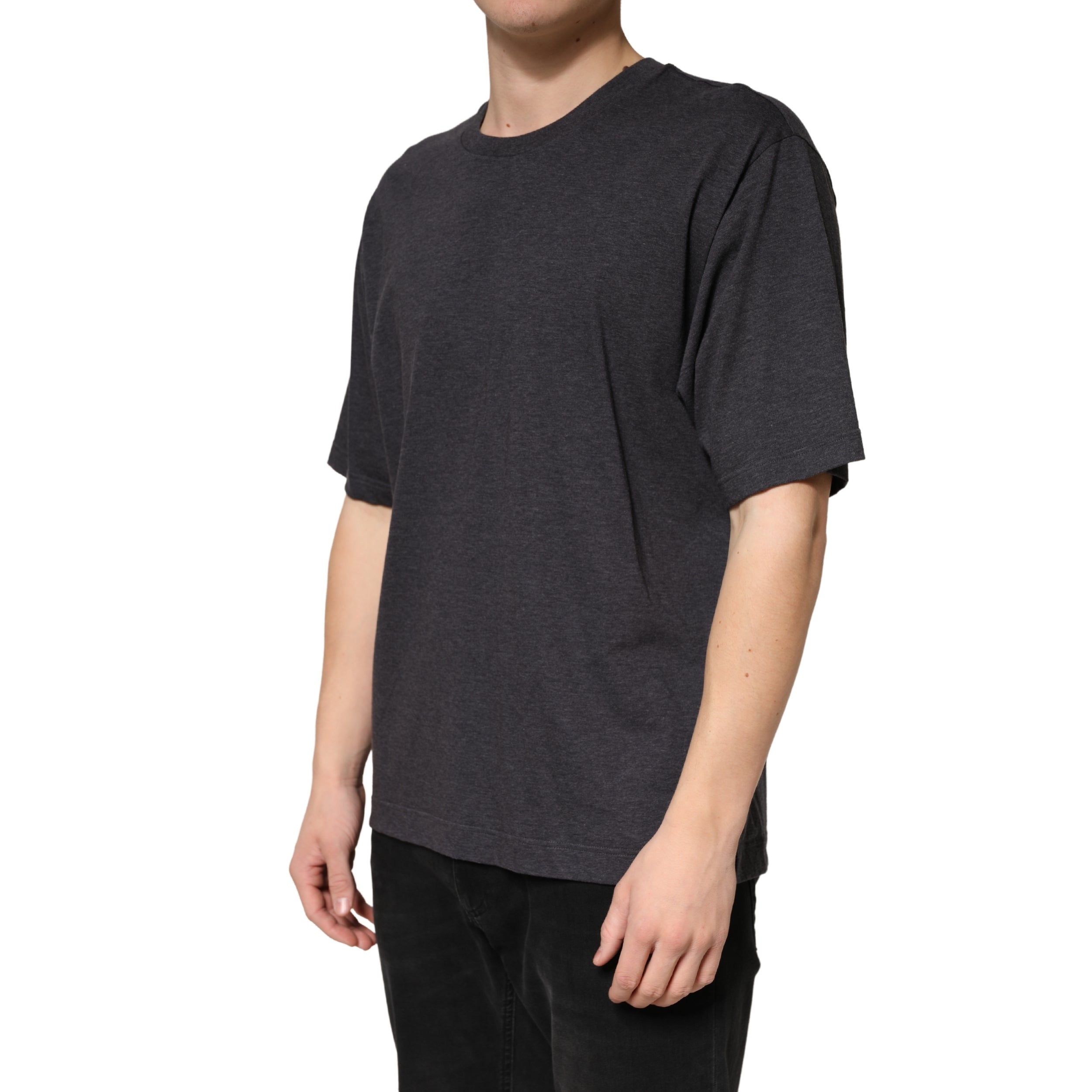 Pull à manches courtes en coton gris foncé Dolce & Gabbana, col rond, style élégant et moderne.