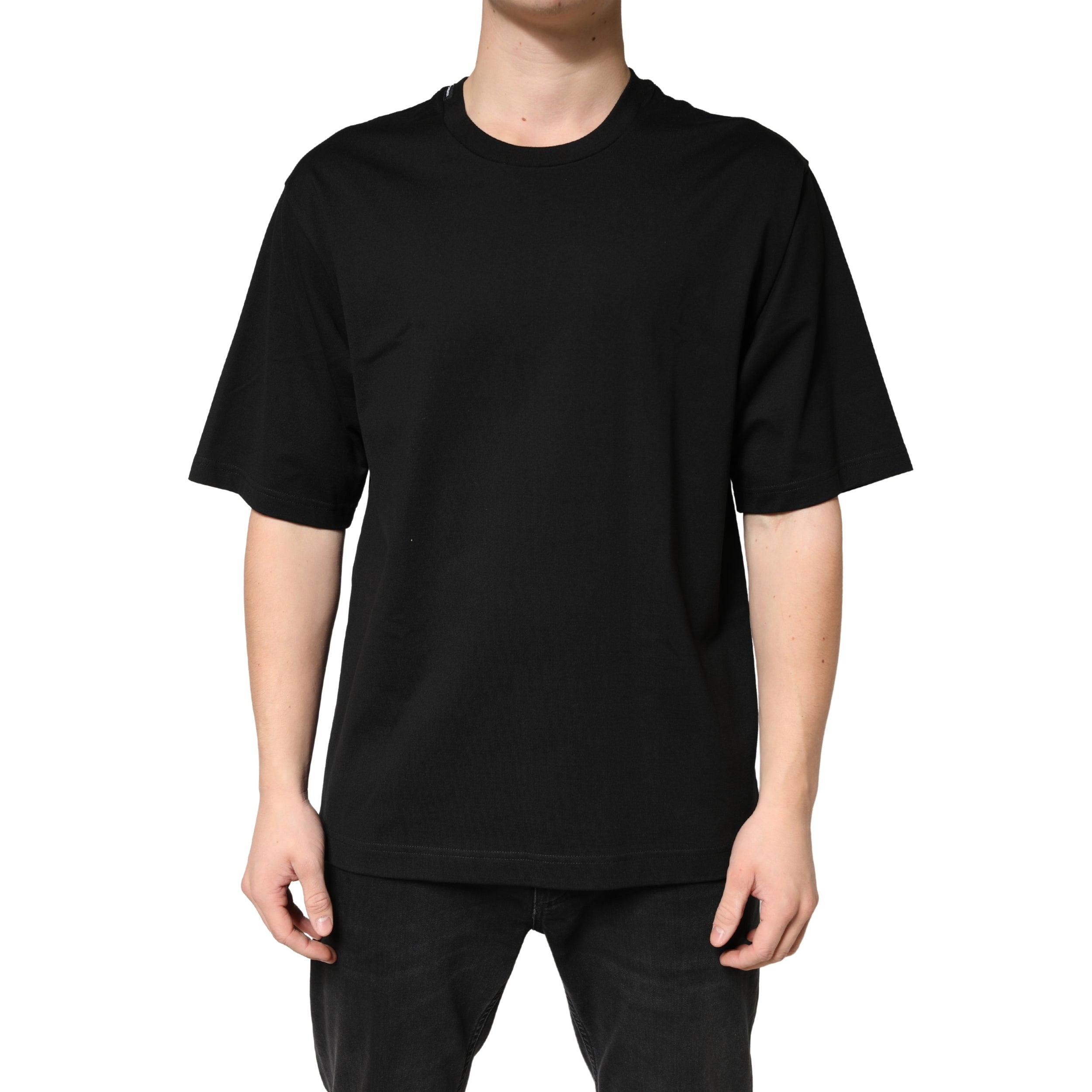 T-shirt noir en coton à manches courtes Dolce & Gabbana, col rond, design simple et élégant, vue de face.