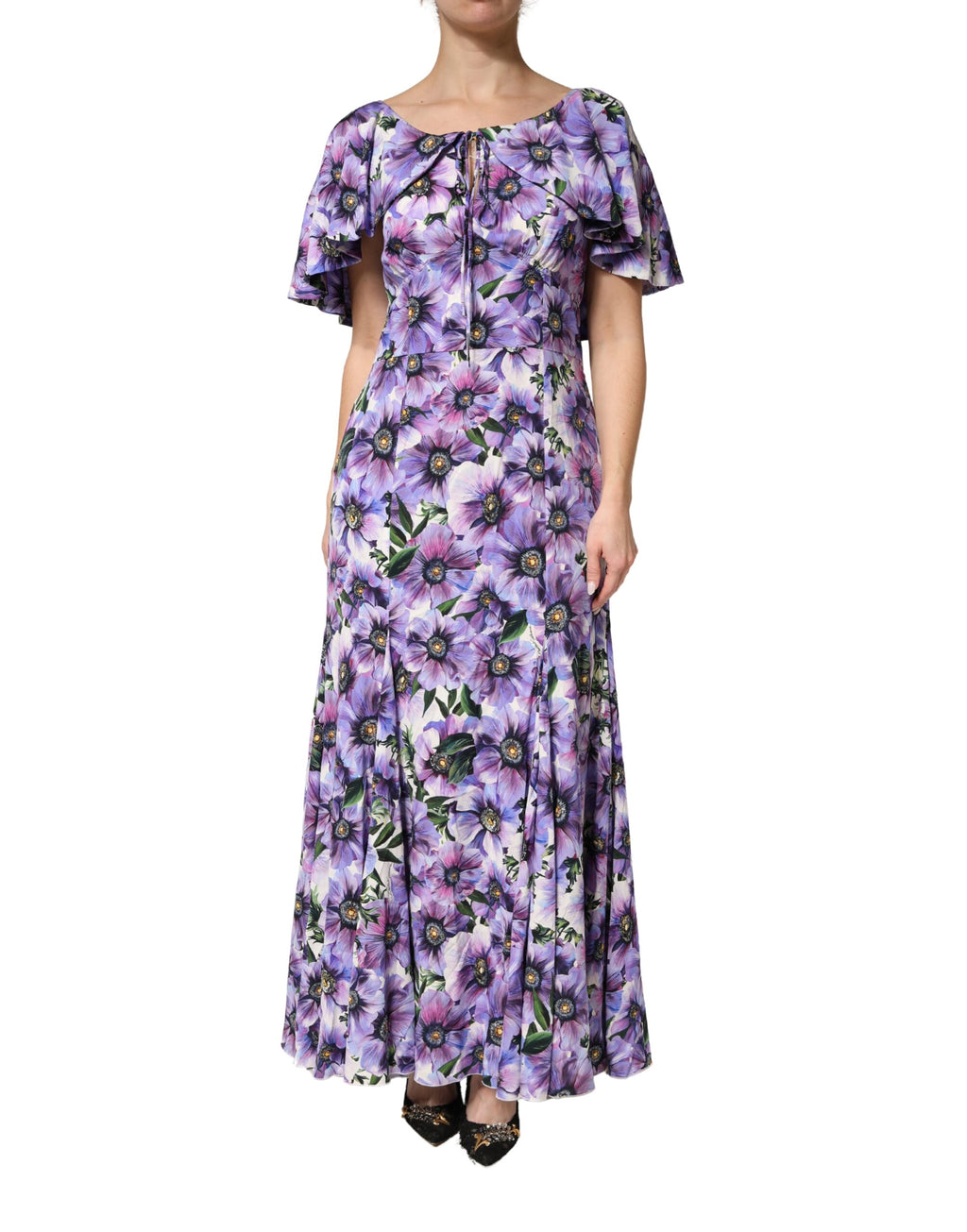 Robe longue en soie violette à fleurs Dolce & Gabbana, robe élégante avec coupe strech et détails floraux sophistiqués.
