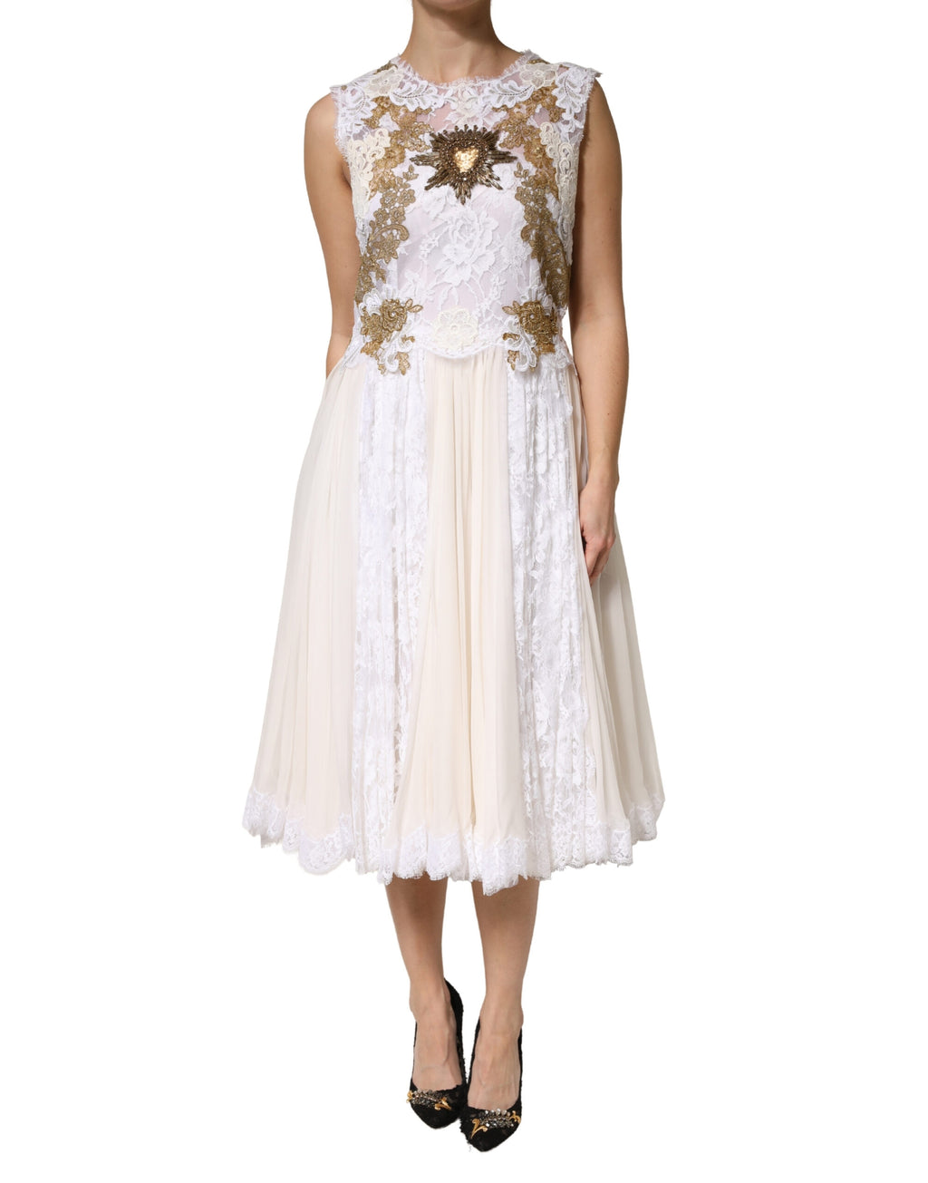 Robe sans manches en soie ivoire Dolce & Gabbana avec broderies en dentelle et embellissements sophistiqués.