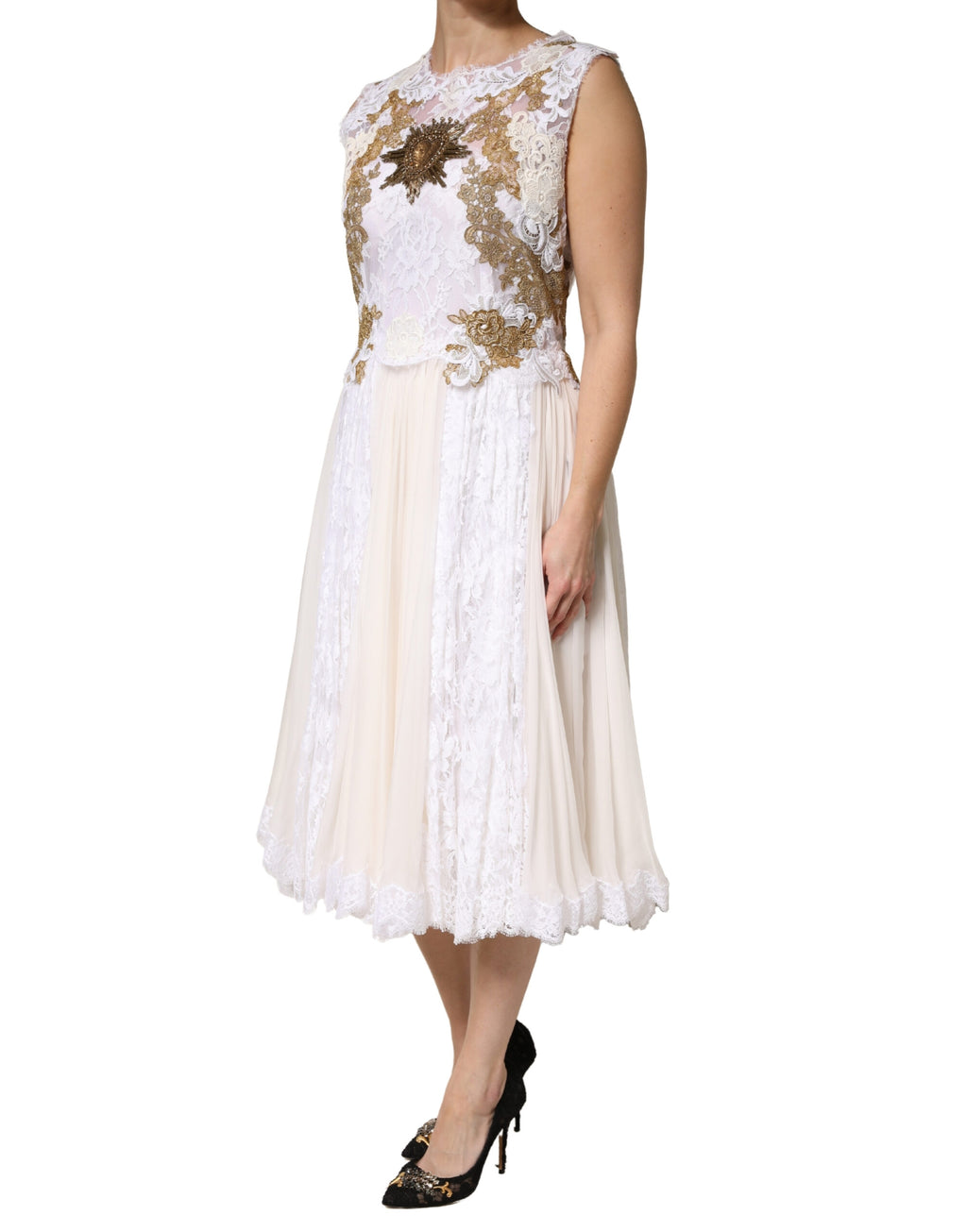 Robe sans manches en soie ivoire Dolce & Gabbana ornée de dentelle et de détails embellis.
